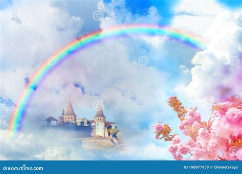 Fantasy World Beautiful Rainbow In Sky With Clouds Over Enchanted