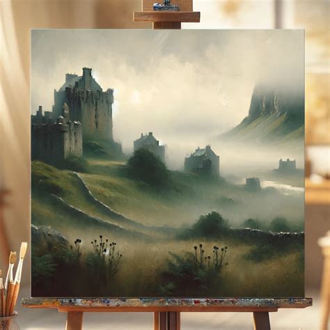 Highland Echoes Mystical Castle Landscape Digital Artwork, Fantasy Oil
