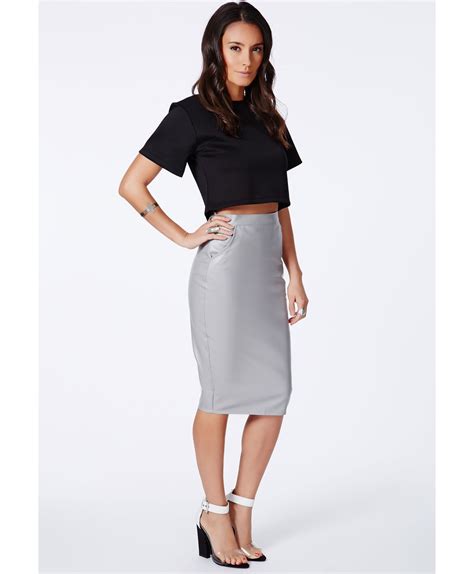 Lyst Missguided Mariota Grey Faux Leather Pencil Skirt In Gray