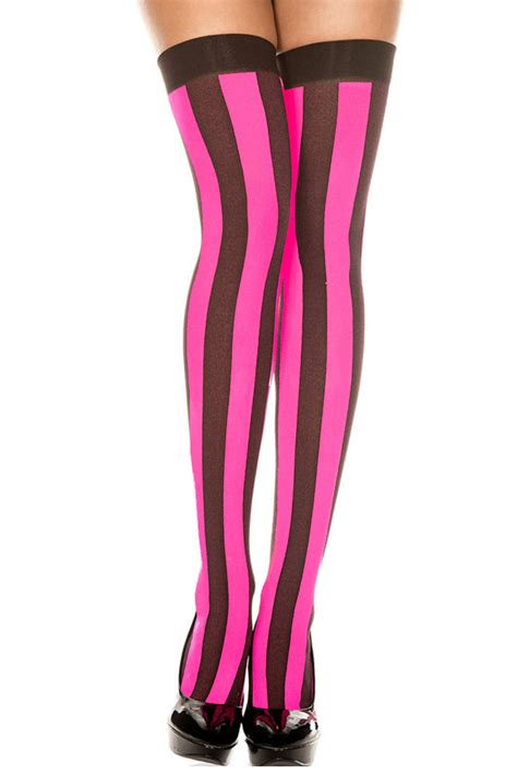 Womens Pink And Black Striped Thigh High Stockings