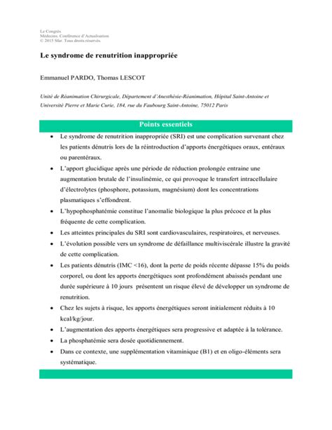 Le Syndrome De Renutrition Inappropriée Points Essentiels