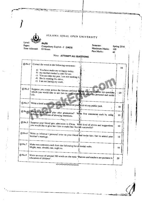 Compulsory English I Code No 1423 Spring 2016 Aiou Old Papers