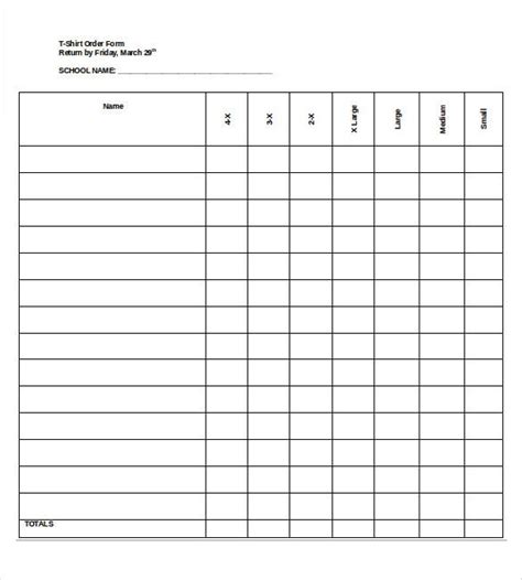 Printable Generic Shirt Order Form Template Printable Forms Free Online