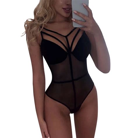Mesh Sheer Sleeveless Black Bodysuit Women Cut Out See Through One Piece Swimsuit In Bodysuits