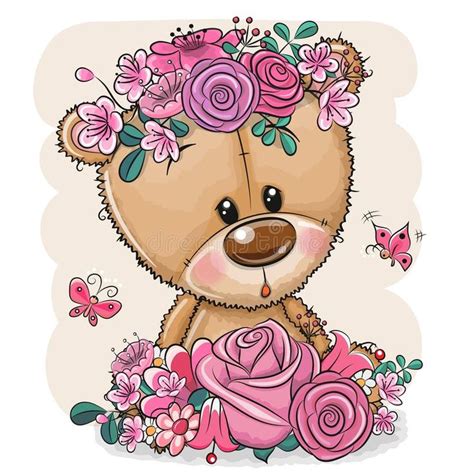 Cartoon Bear With Flowers On A White Background Cute Cartoon Teddy