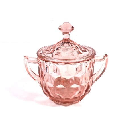 Vintage Cube Pink Glass Sugar Bowl With Lid By