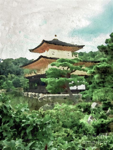 Watercolor Painting The Japanese Garden At Kinkaku Ji Temple In
