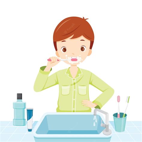 Premium Vector Boy In Pyjamas Brushing His Teeth In Bathroom
