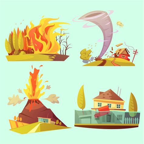 Conjunto De Iconos De Dibujos Animados Retro 2x2 Desastre Natural