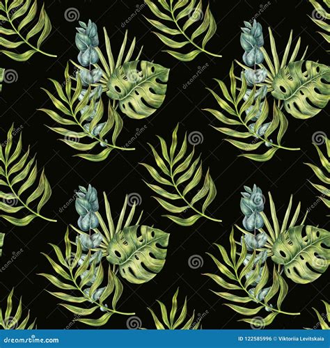 Seamless Pattern Of Tropical Monstera Palm Leaves Stock Illustration