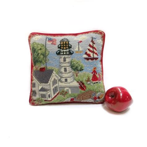 Small Needlepoint Pillow Handmade Lighthouse Scene Red Etsy