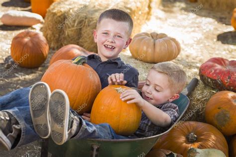 Two Little Boys Playing In Wheelbarrow At The Pumpkin Patch — Stock