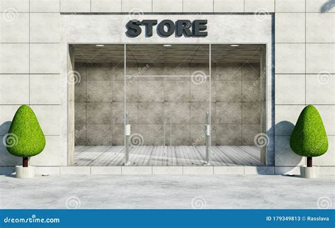 Modern Empty Store Front With Big Windows In The Street At Day Light