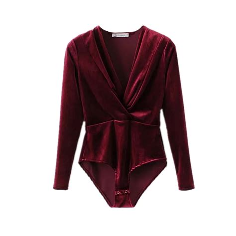 Retro Wine Red Velvet Jumpsuit 2018 Autumn New Product Fold Deep V Collar Long Sleeved Shirt