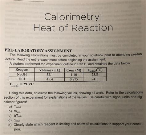 Solved Calorimetry Heat Of Reaction PRE LABORATORY Chegg Com