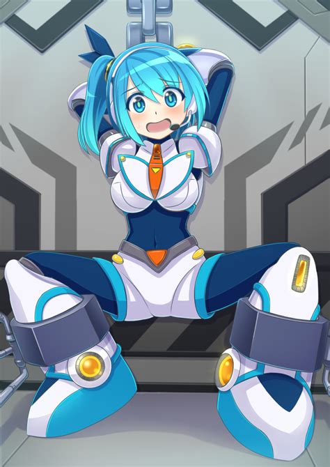 Safebooru 1girl Android Armor Armored Boots Arms Behind Head Bangs Blue Bodysuit Blue Eyes