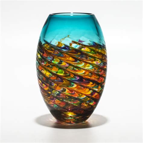 Optic Rib Barrel In Candy With Lagoon By Michael Trimpol And Monique Lajeunesse Art Glass Vase
