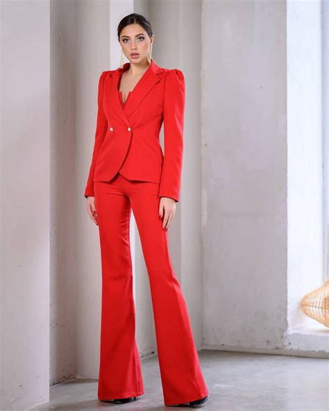 Red Bell Bottom Pants Suit Set With Red Blazer Puffed Sleeve Etsy