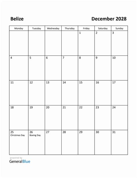 Free Printable December 2028 Calendar For Belize