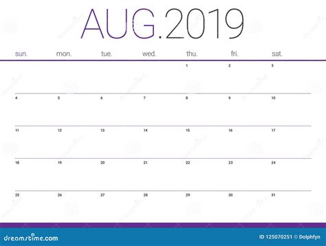 Agosto 2019 Illustrazione Di Vettore Del Calendario Da Scrivania