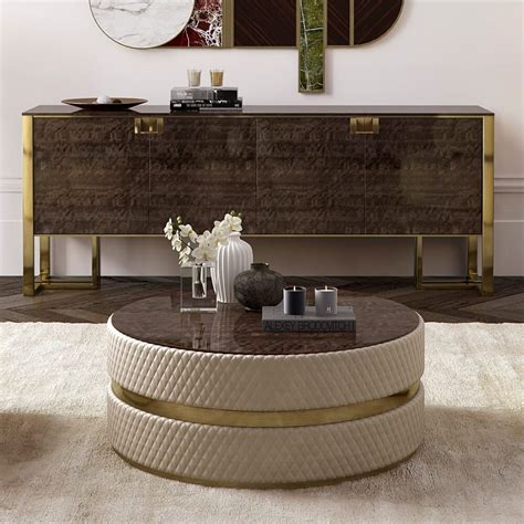 Italian Designer Quilted Leather Veneered Round Coffee Table Round