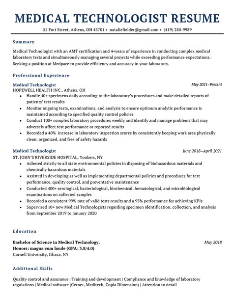 Medical Technologist Resume Sample And Tips