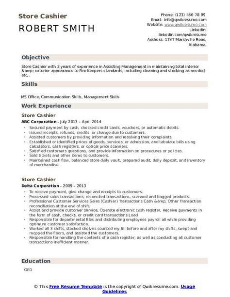 You shouldn't go by examples of great resumes. Store Cashier Resume Samples | QwikResume
