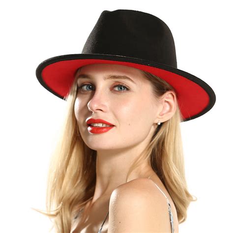Red Black Patchwork Flat Fedoras Hats Women Felt Jazz Fedora Hat Casual