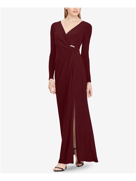 Ralph Lauren Ralph Lauren Womens Burgundy Shirred Jersey Gown Long Sleeve V Neck Full Length