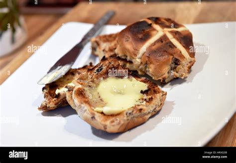 Toasted Hot Cross Buns With Butter For Easter Good Friday Celebrations