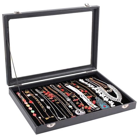 Wudygirl 20 Hooks Necklace Tray Storage Box Jewelry Display Stackable Glass Top Lockable Black