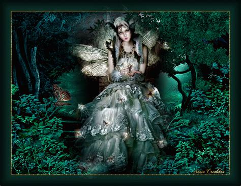 A Fairy Sitting In The Middle Of A Forest Surrounded By Green Plants