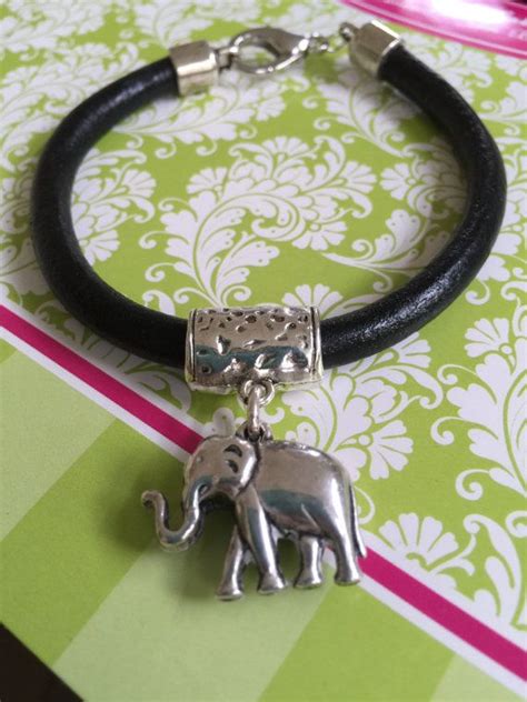 Silver Elephant With Silver Bail And Black Leather Bracelet Etsy