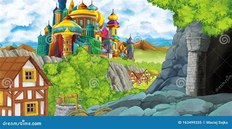 Cartoon Scene With Kingdom Castle And Farm Village Near It And Hidden