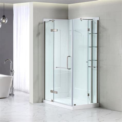 Shower stalls with seats are great for shaving or simply storing soaps and shampoos. Shop OVE Decors Savannah Brushed Nickel Floor Rectangle 1-Piece Corner Shower Kit (Actual: 74-in ...