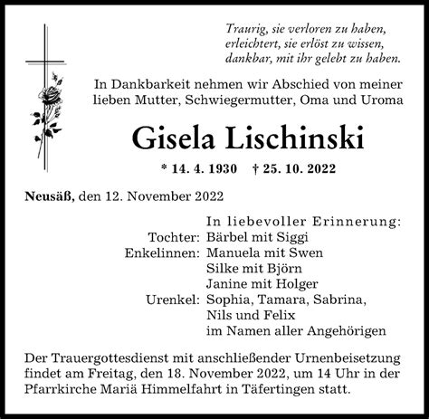 traueranzeigen von gisela lischinski augsburger allgemeine zeitung