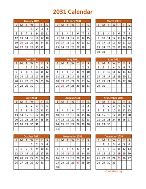 Full Year 2031 Calendar On One Page