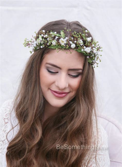 Rustic Flower Crown Of Green Beads Leaves And Beaded Flowers Boho