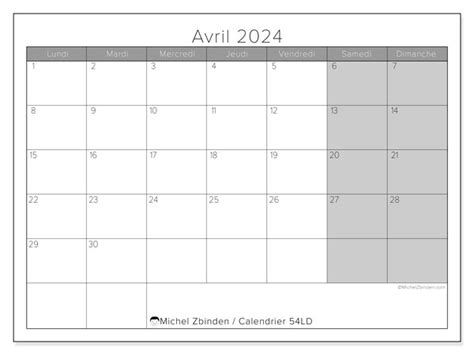Calendrier Avril 2024 54ld Michel Zbinden Mc