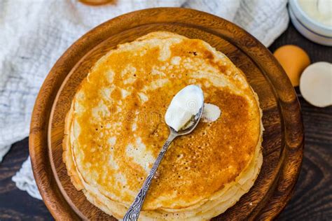 Many Thin Sweet Pancakes With Honey Breakfast Rustic Stock Photo