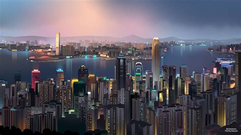 Download 1920x1080 Hong Kong Low Poly Minimalism Cityscape