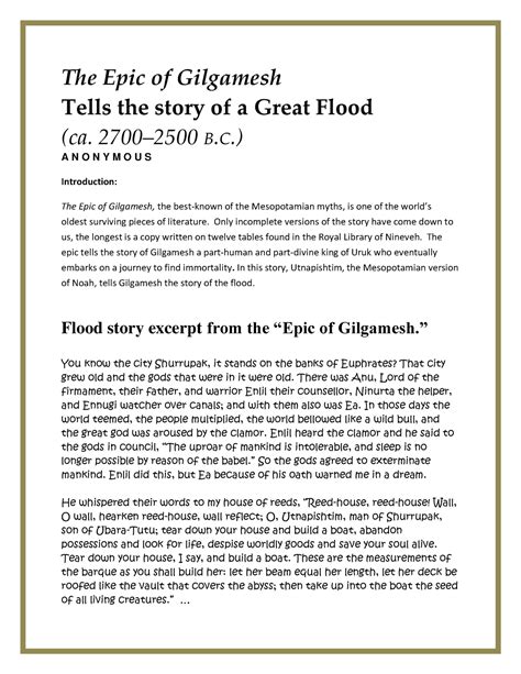 Epic Of Gilgamesh Flood Story Section The Epic Of Gilgamesh Tells The