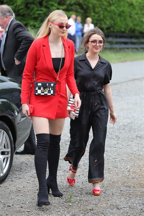 Turner wore a red jacket as a dress and tall black boots, while williams came in colorful. Celebrity Weddings and Engagements | Rose leslie, Sophie turner, Maisie williams