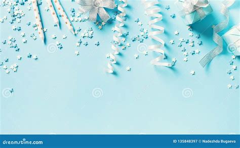 Birthday And Party Concept Background With Decoration On Blue Stock
