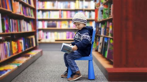 Cute Little Boy Is Sitting And Reading Book In Library Wearing Blue