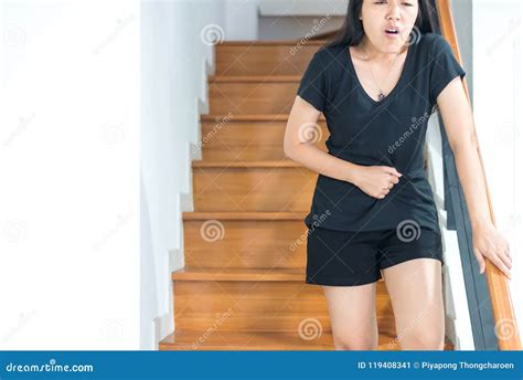 Asian Woman Having Painful Stomachache After Wake Up Female Suffering From Abdominal Pain Period