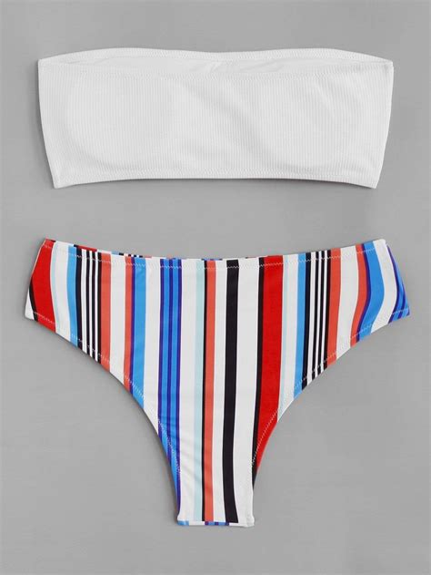 White Bandeau Swimsuit Top With Multicolor Striped Bikini Bottom