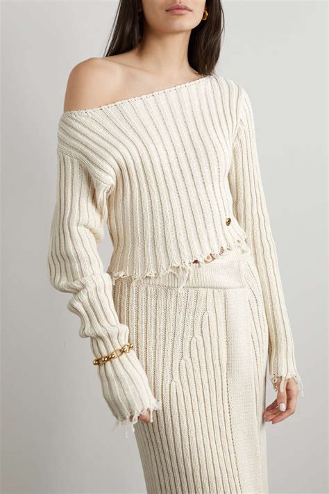 Ivory Off The Shoulder Distressed Ribbed Cotton Blend Sweater Balmain