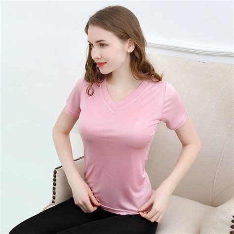 T Shirt 100 Silk Solid Color V Neck Short Sleeve Undershirts Summer