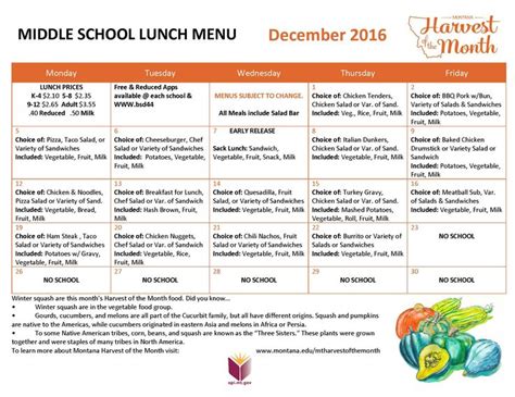 December 2016 Middle School Lunch Menu School Lunch Menu Lunch Menu